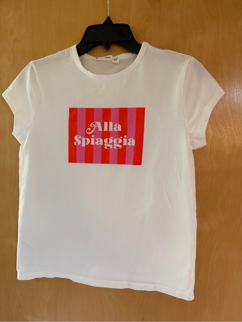 Mango White Tee with Red & Pink Striped Alla Spiaggia Graphic